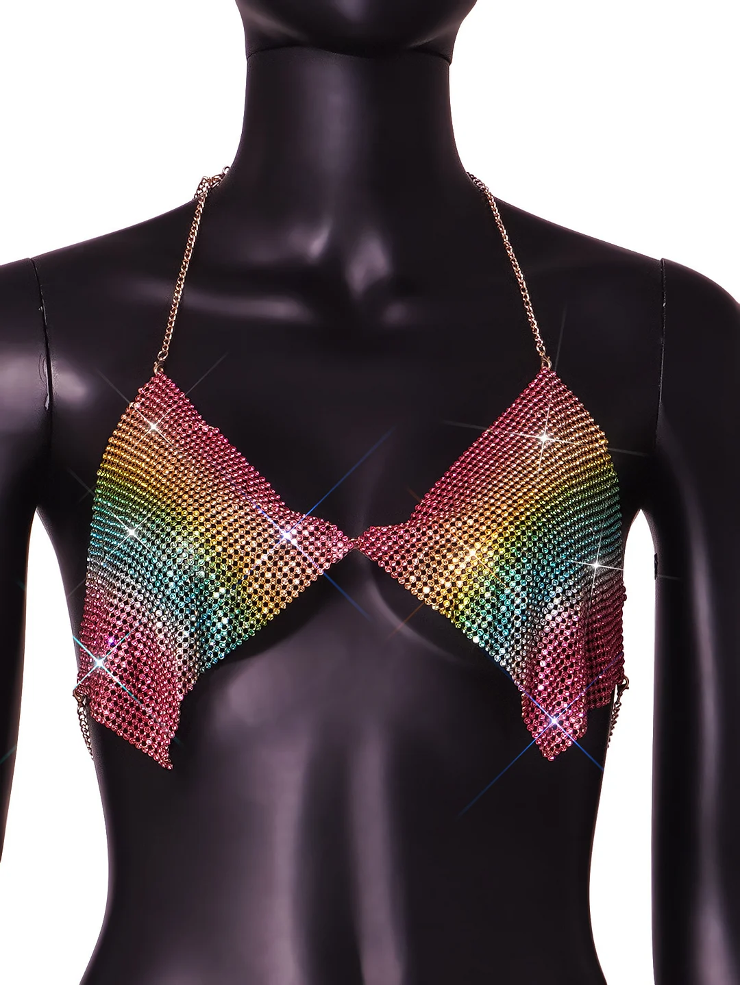 Uveng Uveng Women's Nightclub Low Breast Cut Back Flash Diamond Chain Slit Top Y616