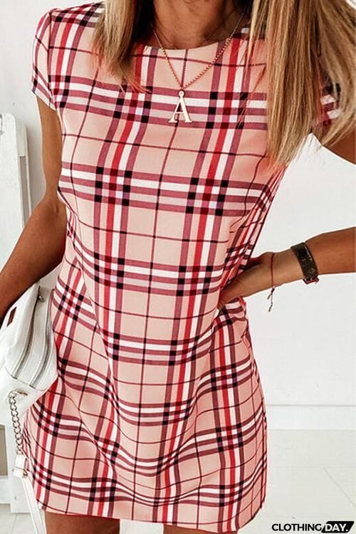 Grid Short Sleeve Bodycon Mini Dress