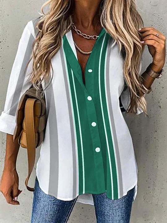 Women's 3/4 Sleeve V-neck Colorblock Striped Buttons Tops