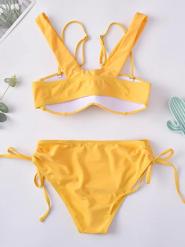 Solid Color Off-The-Shoulder Split Bikini Swimsuit