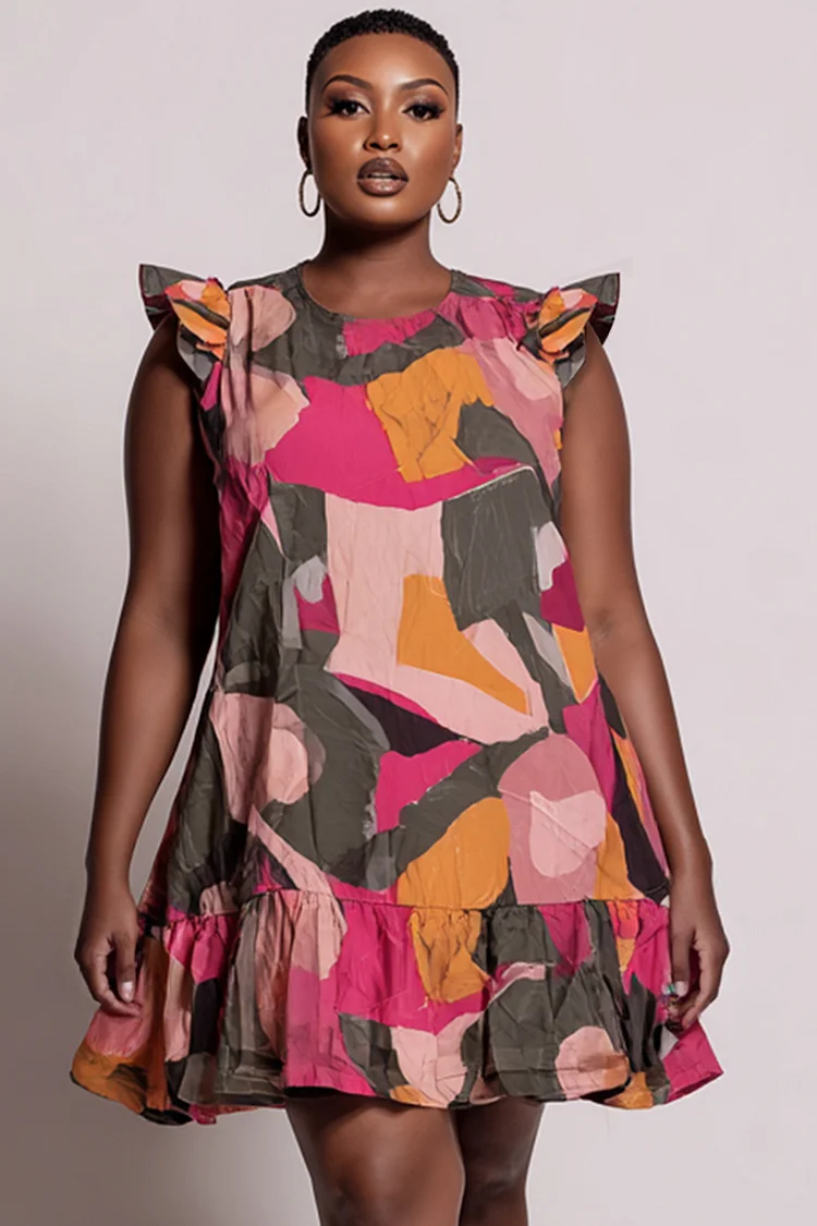 Xpluswear Design Plus Size Daily Casual Multicolor Graphic Round Neck Flutter Sleeve Ruffle Mini Dresses [Pre-Order] 2024 - Xpluswear