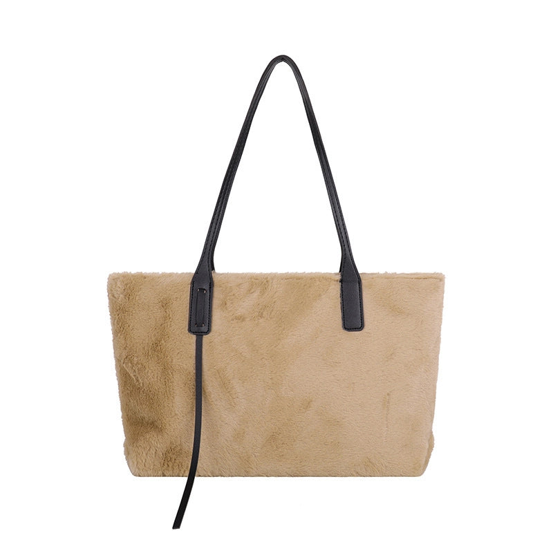 Women’s Plush Solid Color Streetwear Square Zipper Shoulder Bag