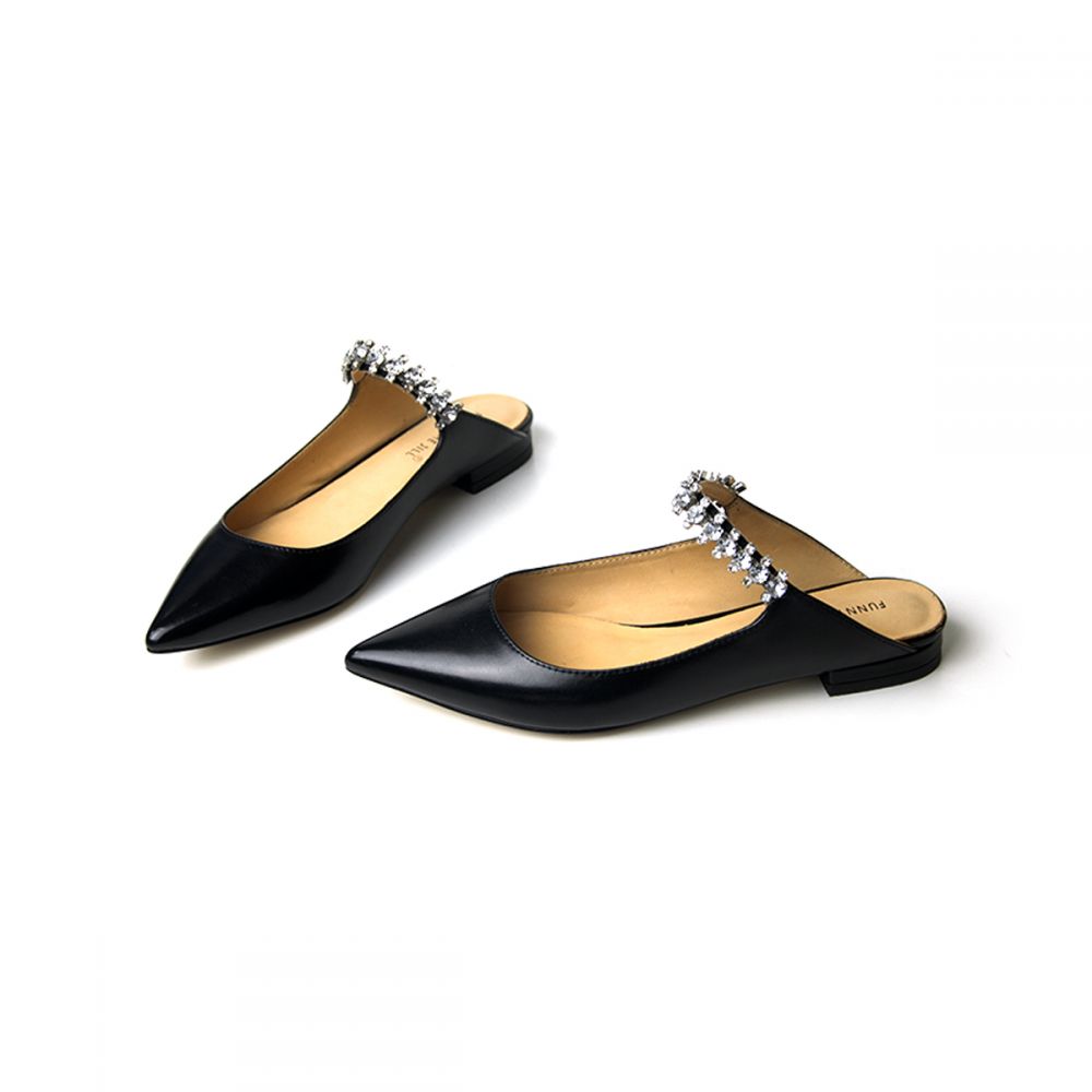 Elegant Rhinestone Strap Pointed Toe Genuine Leather Flat Mules Nicepairs