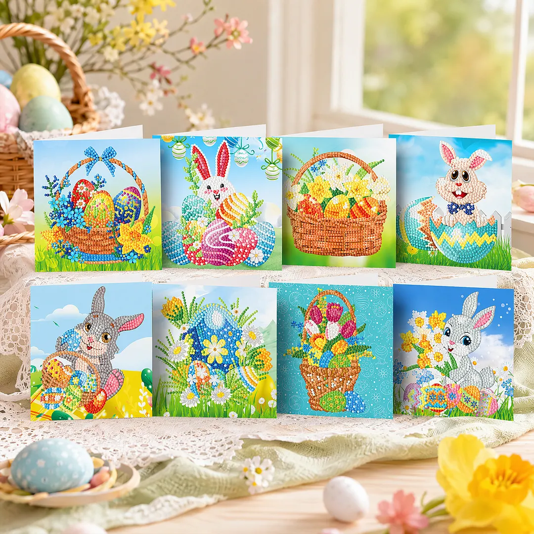 8PCS Easter Egg Rabbit DIY Diamond Painting Greeting Card Kits with Envelopes Diamond Art Greeting Cards Diamond Art Cards Kits for Adults DIY Crafts Family Friend Gifts