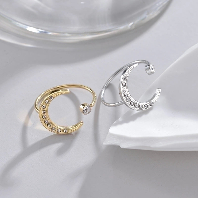 304 Stainless Steel 18K Gold Plated Casual Minimalist Asymmetrical Plating Inlay Moon Rhinestones Glass Open Rings