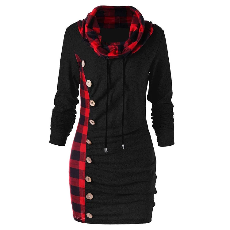 High-Neck Slim Plaid cCasual Dress Top