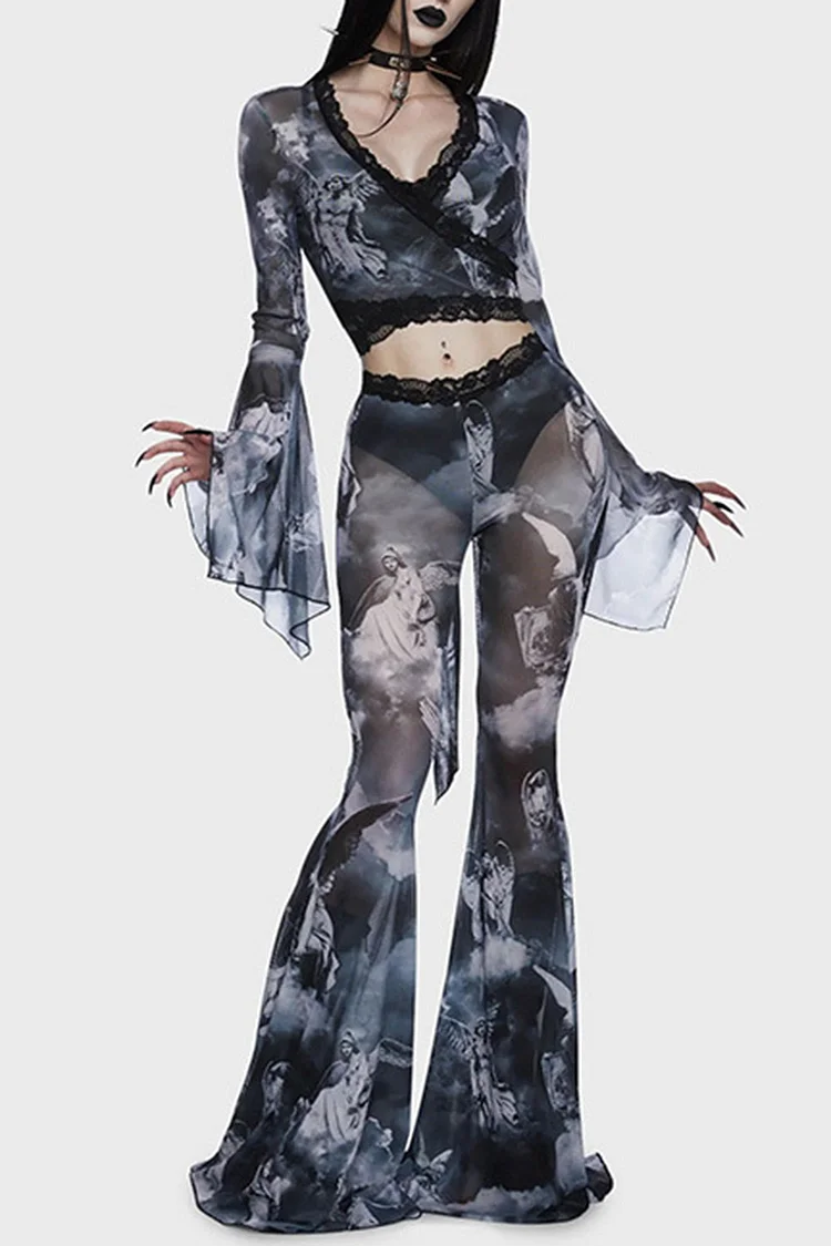 Gothic Black Casual See-through Angel Print Flare Sleeve Blouse Two Pieces Pant Set