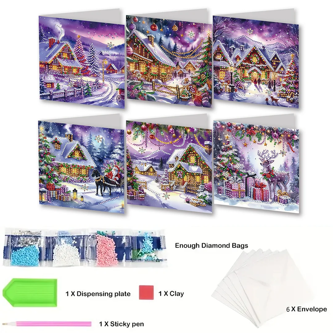 6Pcs Christmas House DIY Diamond Painting Card for Friends Family Gift