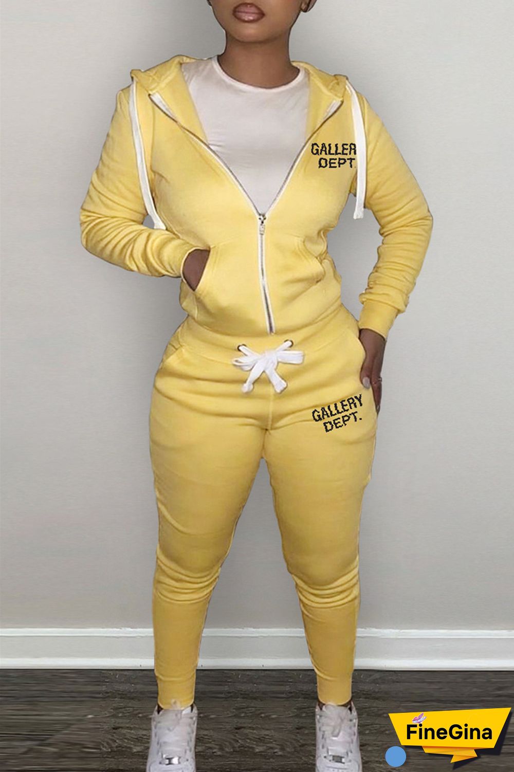 Grey Casual Letter Print Patchwork Hooded Collar Long Sleeve Two Pieces