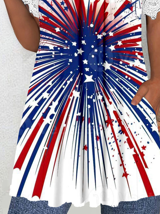 Women's Short Sleeve V-neck Graphic Lace Pockets Tops