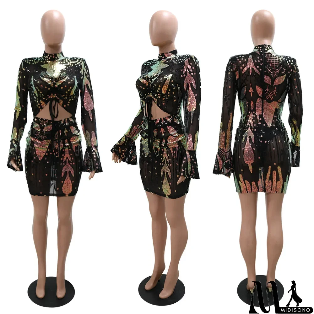 MidiSono - Sequin Lining Waist Hollow Sexy Nightclub Dress