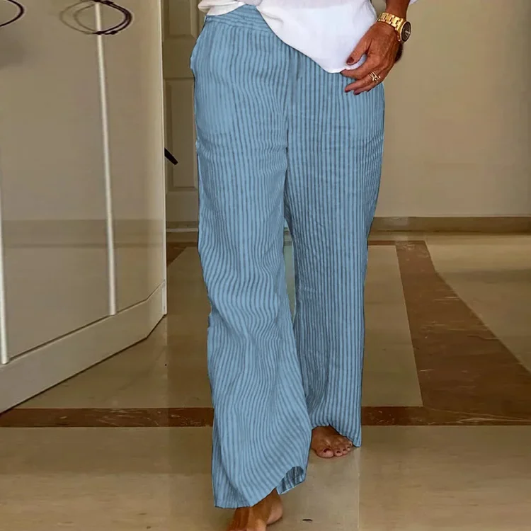 Women Casual Stripe High Waist Drawstring Loose Pockets Trousers Cotton Linen Wide Leg Lounge Pants