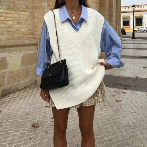 Pornhint Women V Neck Sweater Vest Korean Preppy Style Solid Knitted Sleeveless Sweater Female Autumn Winter Casual Loose Pullover Jumper