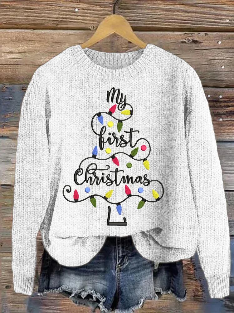 Christmas Tree Lights Embroidered Cozy Sweater