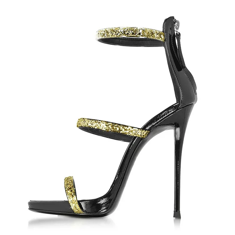 Gold Glitter High Heel Sandals Patent Leather Open Toe Stiletto Shoes |FSJ Shoes
