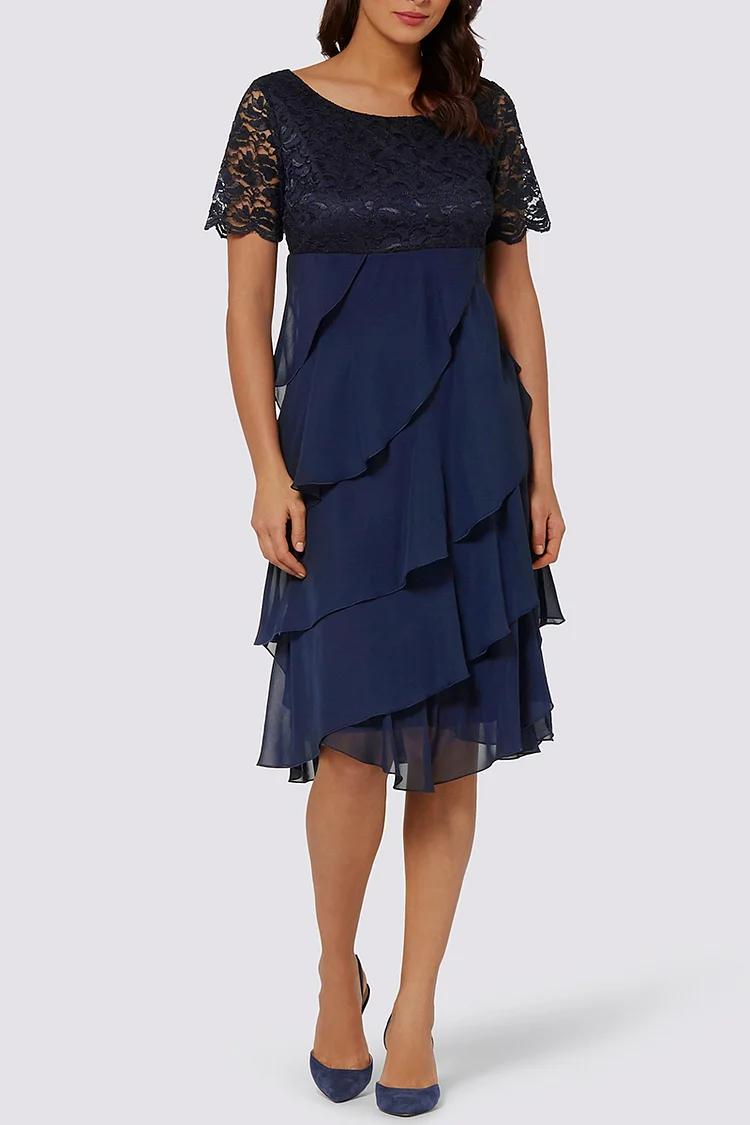 Flycurvy Plus Size Mother Of The Bride Navy Blue Chiffon Lace Stitching Ruffled Tunic Midi Dress  Flycurvy [product_label]