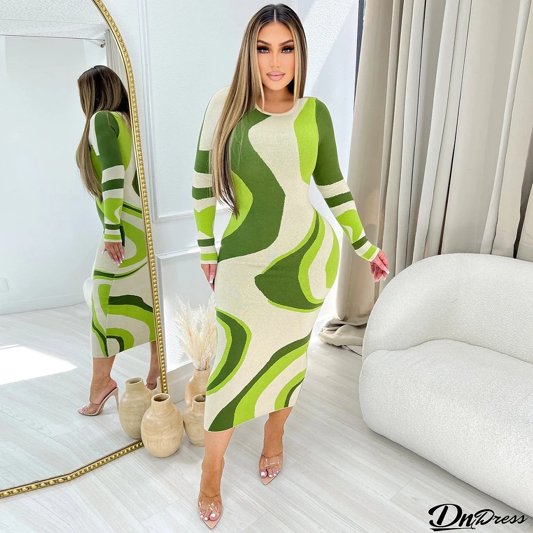 Women Print Ribbed Long Sleeve Maxi Dress
