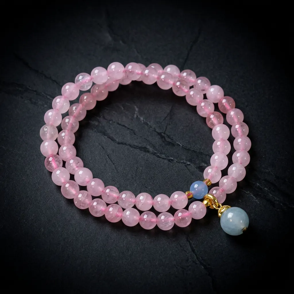 JiStones Rose Quartz Double-Wrap Bracelet &ndash; The Serenity Collection Rose Quartz with Aquamarine Accents