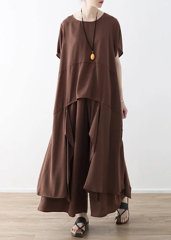 French chocolate Casual Catwalk asymmetric tops and wide leg pants loose Summer