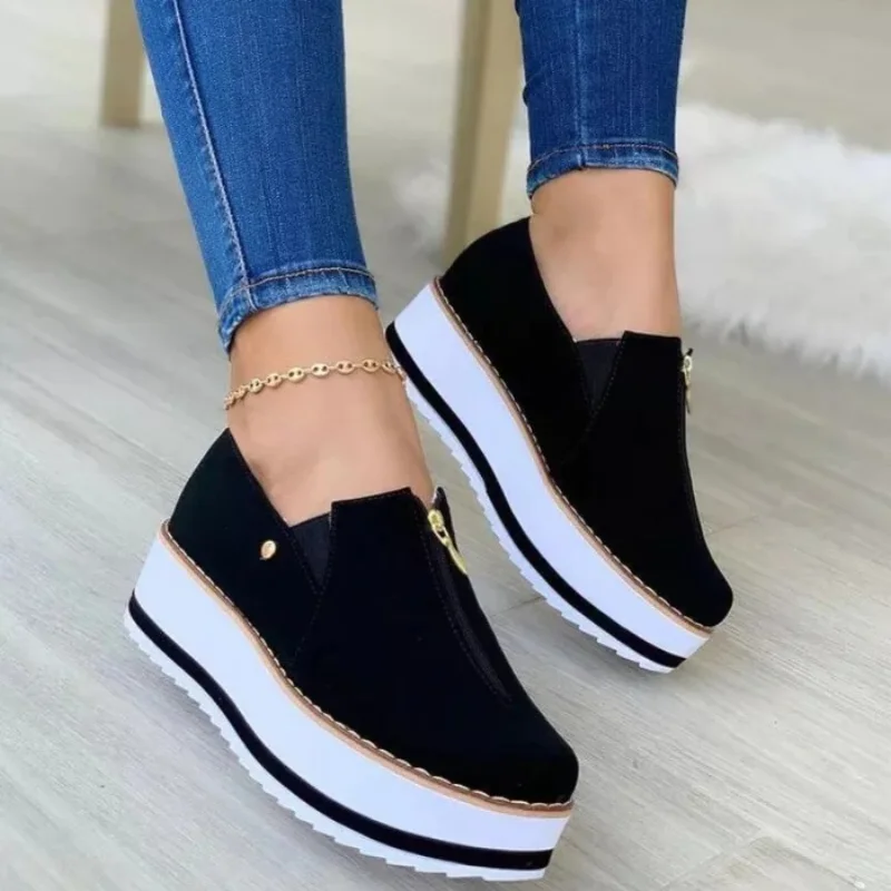 Qengg New Women Casual Shoes Fashion Round Toe Platform Wedge Loafers Slip-On Lightweight Comfortable Vulcanized Shoes Sapatos Casuais