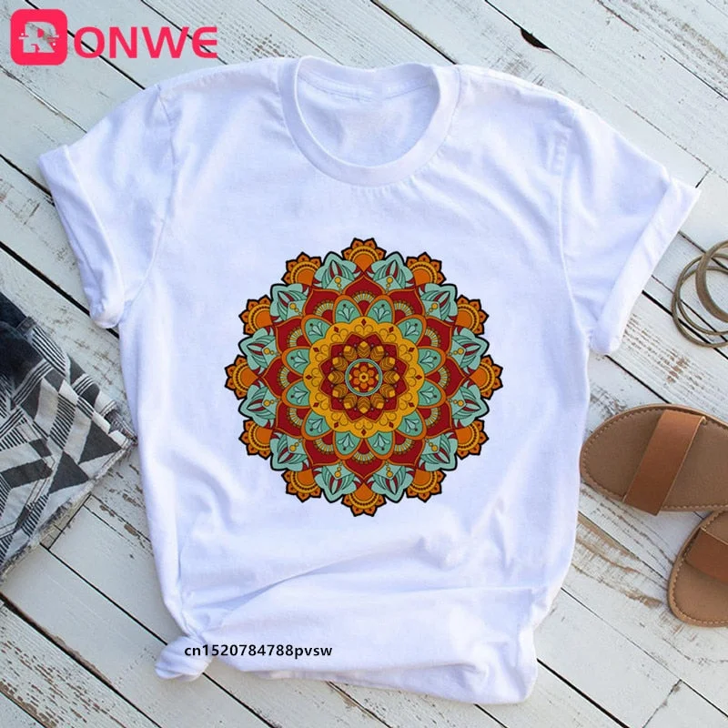 Mandala Flowers Stripes Thermo Funny Women T-shirt Girl  Summer 90S Print Tops Tee,Drop Ship