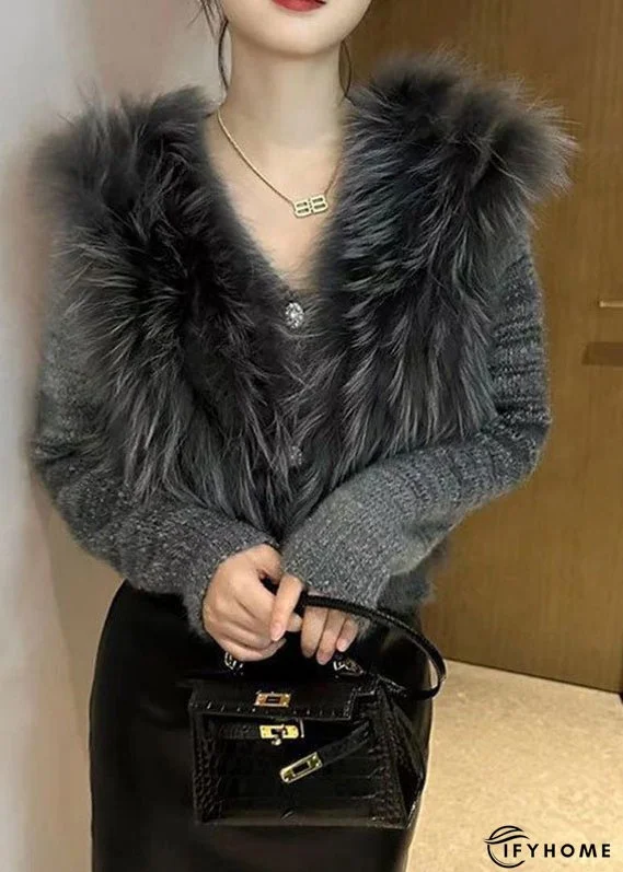 Art Grey V Neck Fur Collar Cotton Knit Sweater Winter | IFYHOME