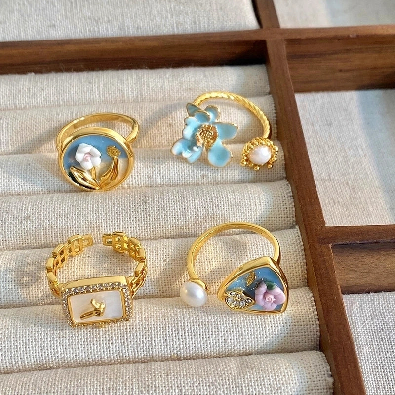 Copper 18K Gold Plated IG Style Y2K Minimalist Inlay Round Oval Flower Pearl Zircon Open Rings Rings
