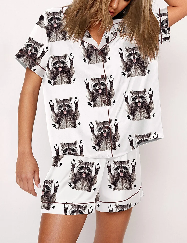 Women's Unhinged and Feral Racoon Short Sleeve Satin Pajama Set