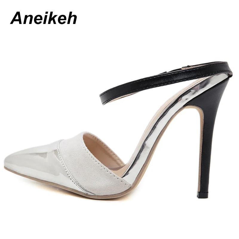 Aneikeh Women Bling Bling PU Buckle Strap Pumps Design Sexy Dress Super High Heel Cut out Shoes Ladies Party Dress Shoes