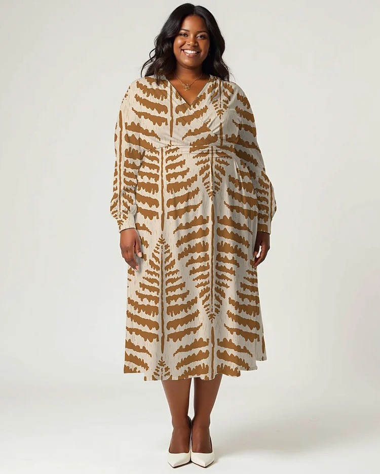 Plus Size Elegant Vintage Leaf Print Wrap Midi Dress