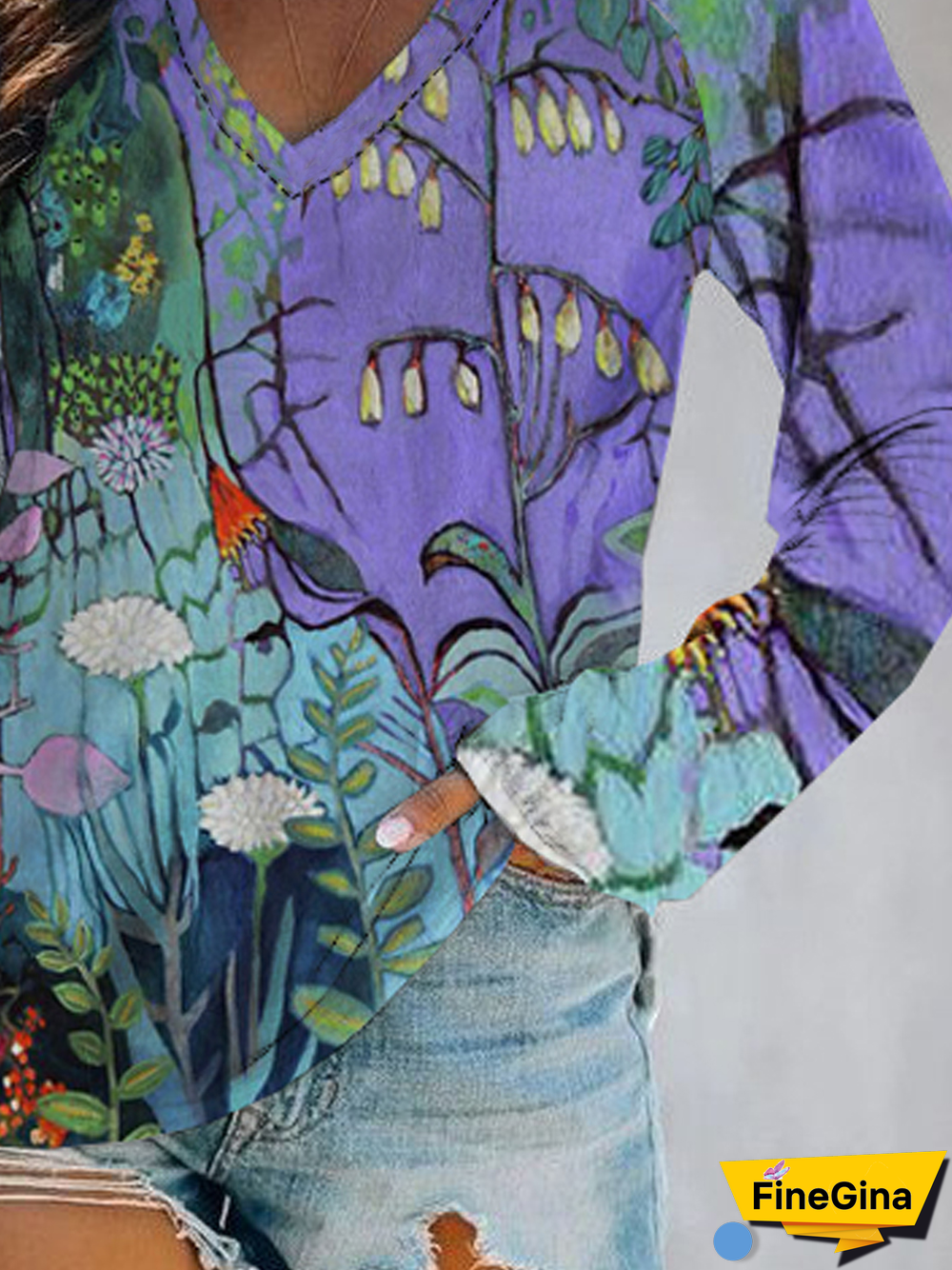 Floral V Neck Cotton Blends Long sleeve tops