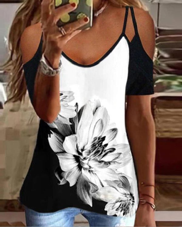 Printed V-Neck Off-Shoulder Short Sleeve Sexy Top