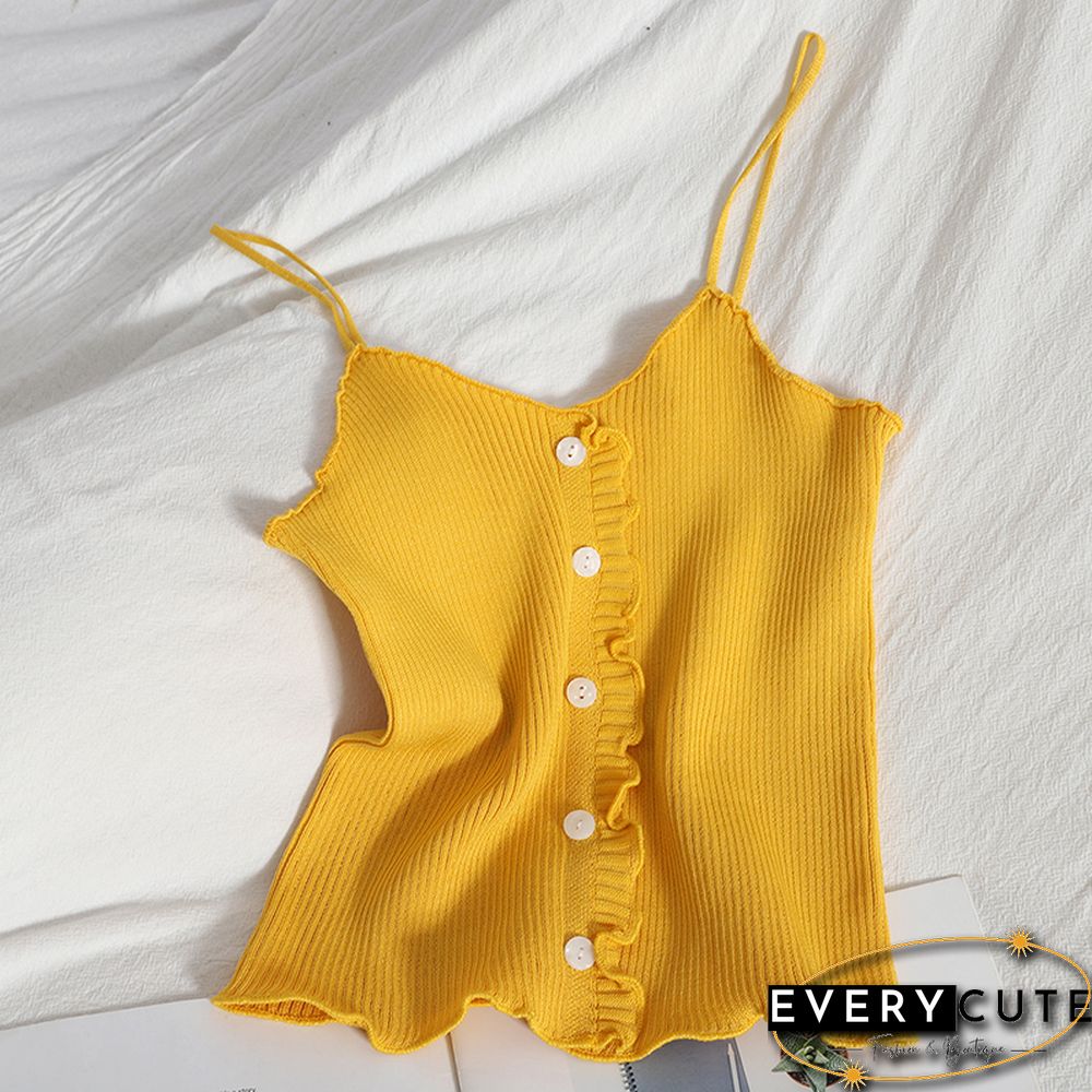 Pearl Diary Women Spaghetti Strap Knitted Tops Summer Ruffle Camis Top With Front Buttons Solid Color Basic Knitted Cute Tops