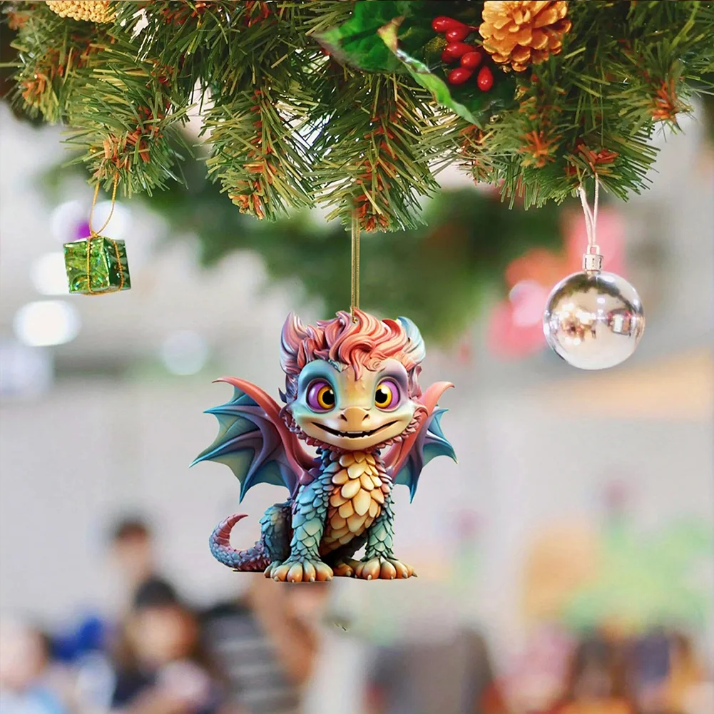 2 PCS Acrylic Flying Dragon Baby 2D Flat Dinosaur Xmas Tree Hangings Ornament