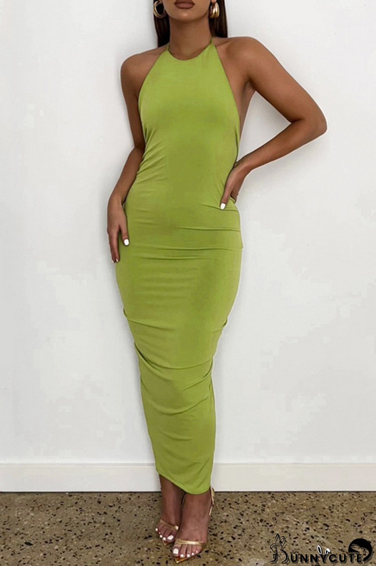 Green Fashion Solid Backless Halter Pencil Skirt Dresses