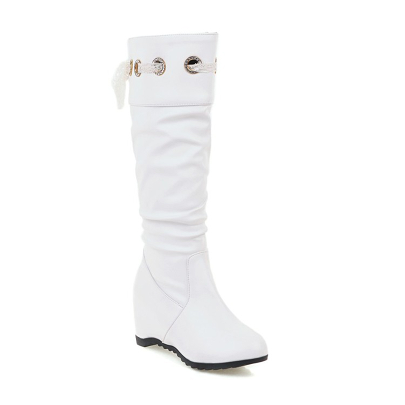 GOOSHOE PU Slope Heel Boots With Lace Up Women's Knee High Boots Flat Bottom Wedges Elevated Office Boots