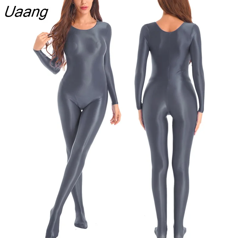 Uaang Womens Glossy Smooth Full Body Leotard Bodysuit Jumpsuit Solid ...