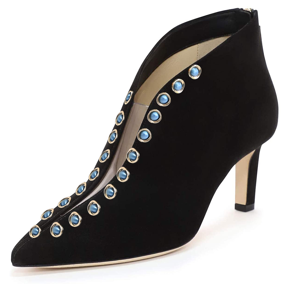 Black Suede Pointed Toe Ankle Boots With Pearl Decor Nicepairs
