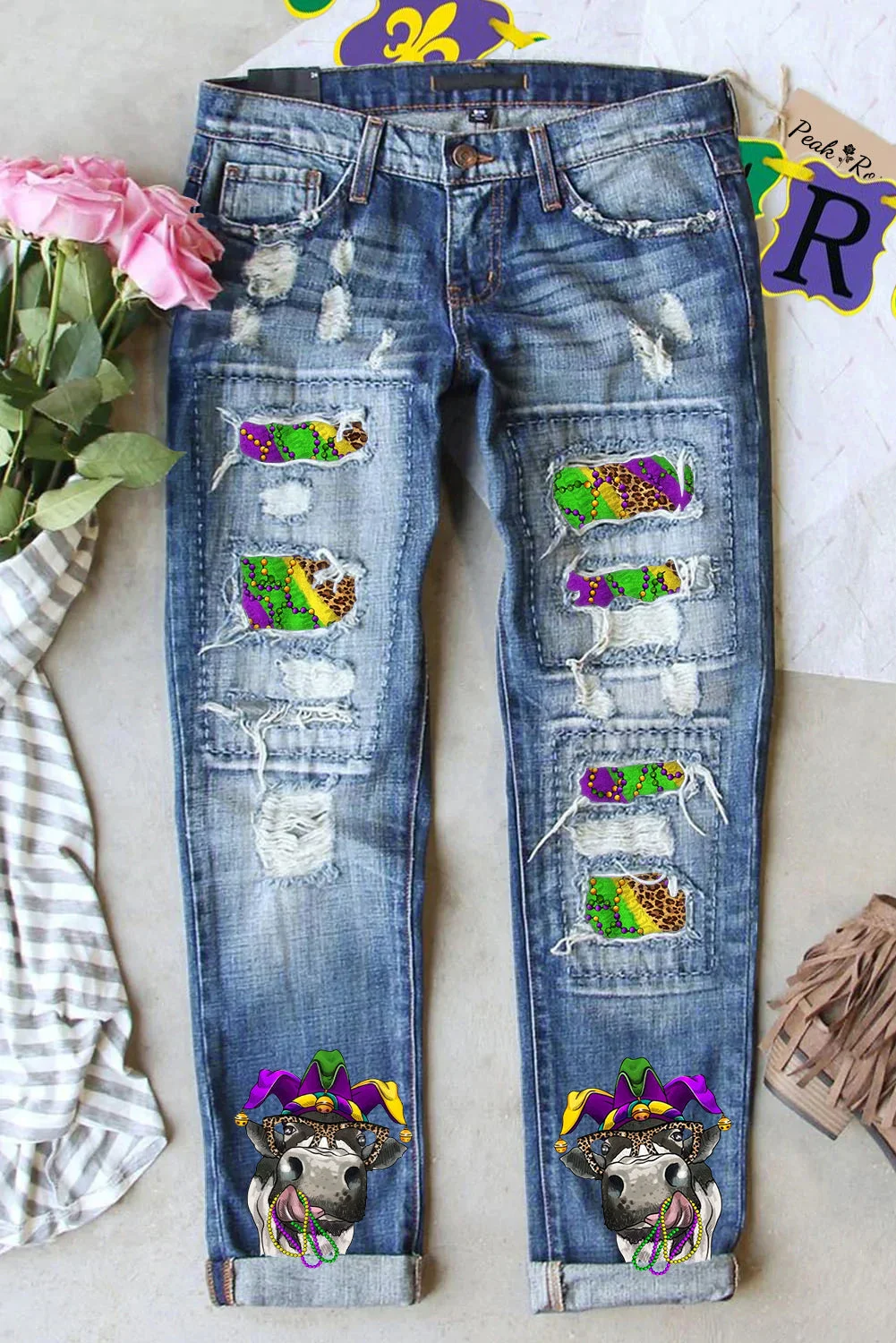 Mardi Gras Leopard Fleur De Lis Cow With Beats Print Ripped Jeans