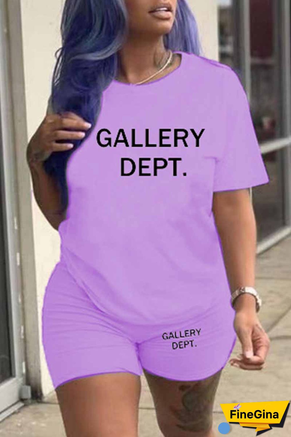 Purple Casual Print Letter O Neck Short Sleeve Two Pieces