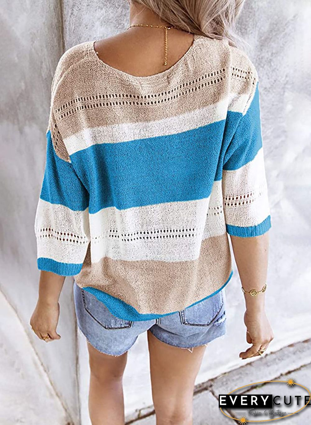 V Neck 3/4 Sleeve Knit T-Shirt Tops