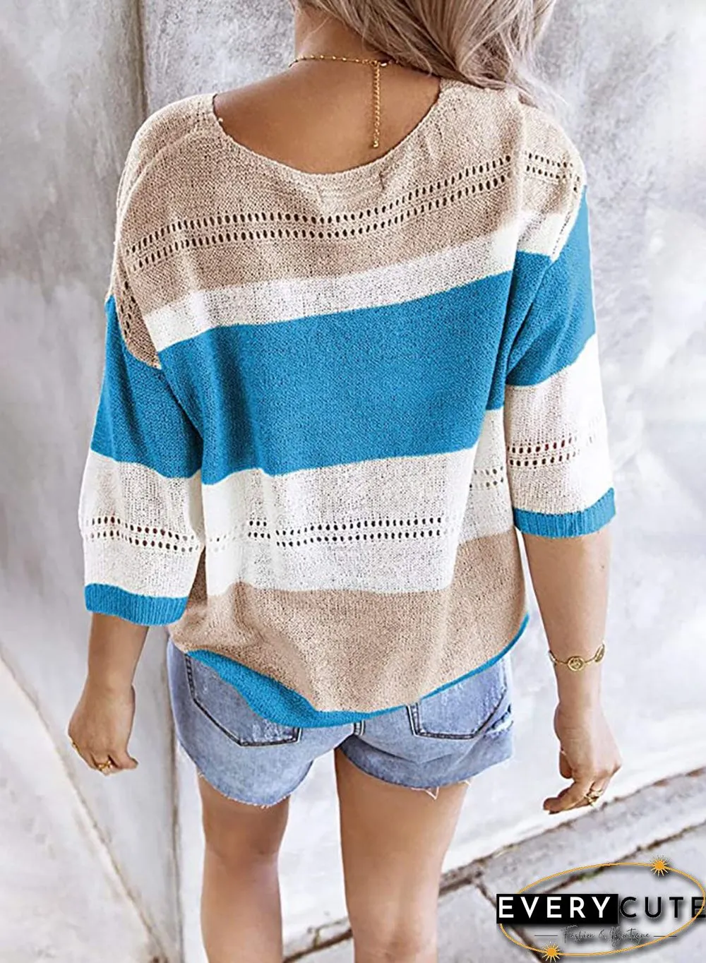 V Neck 3/4 Sleeve Knit T-Shirt Tops