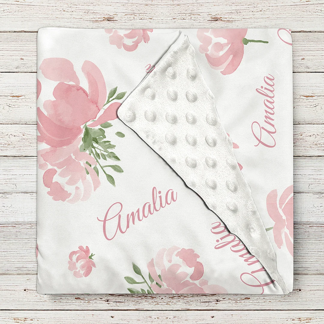 Amalia's Floral Print Pink Personalized Baby Girl Name Blanket