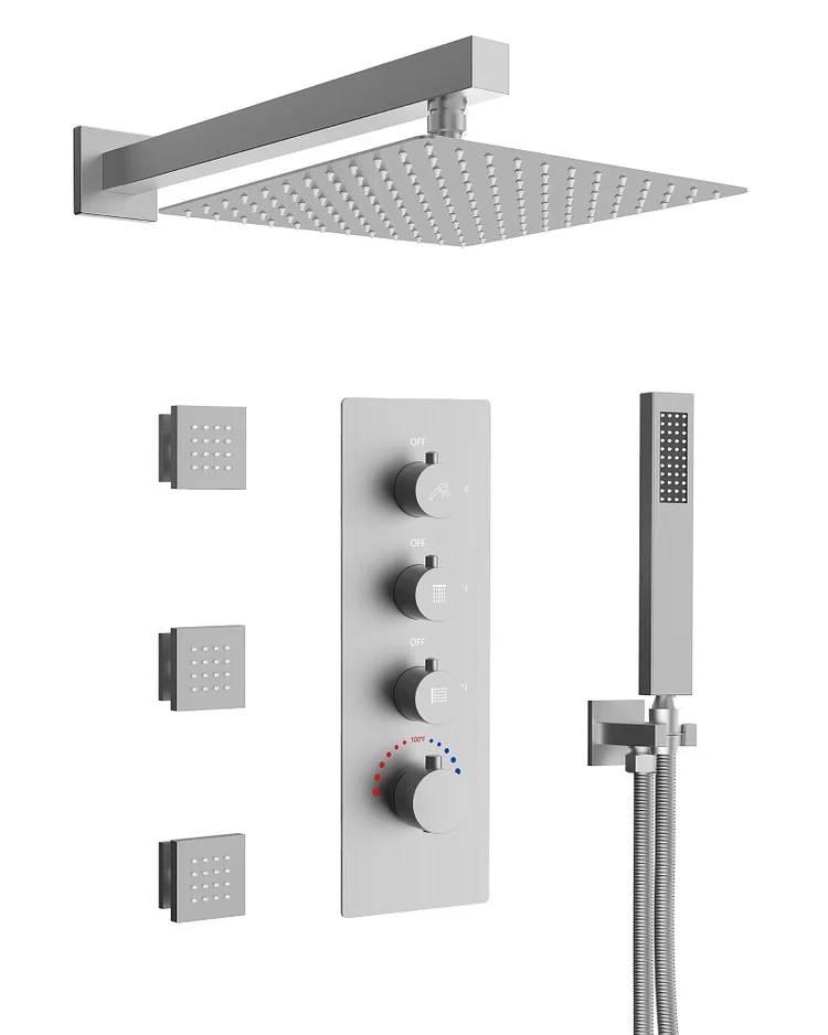 SFS1002-NK12-1 Thermostatic Rainfall Shower System with 3 Body Jets, Handheld Spray, and Extra 3 Side Sprays