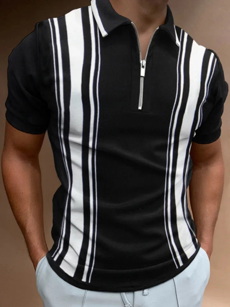 Black White Style Men's Lapel Polo Shirt