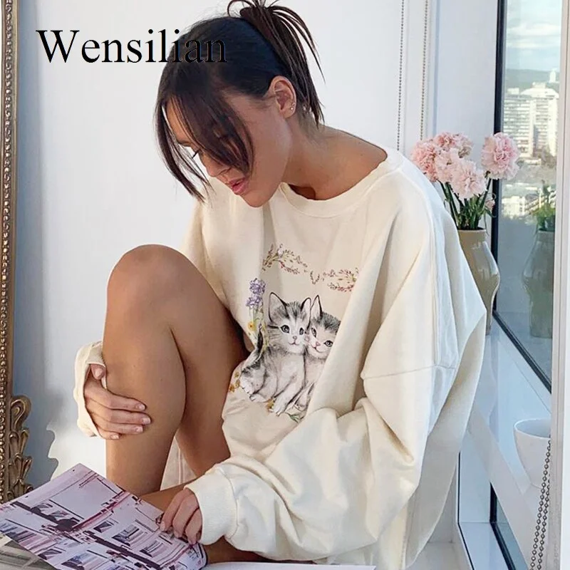 Cat Printed Hoody Women Tops Y2K  Aesthetics Oversize 90S Crew Neck Hoodies Female Retro Pullover Sweatshirts