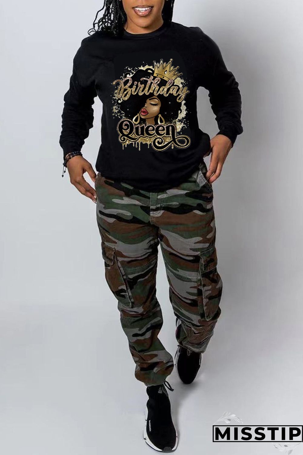 Black Street Vintage Print Patchwork O Neck Tops