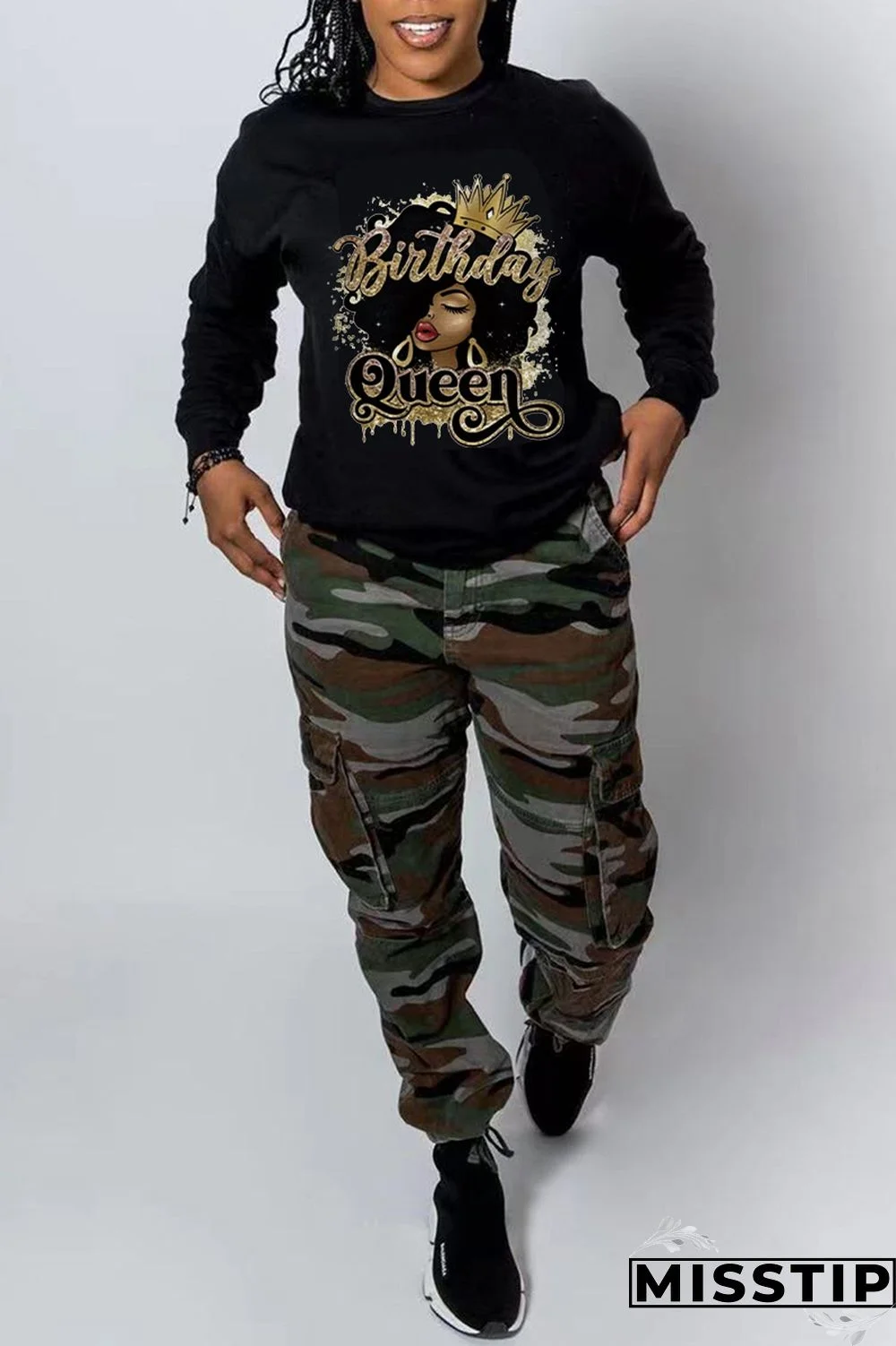 Black Street Vintage Print Patchwork O Neck Tops