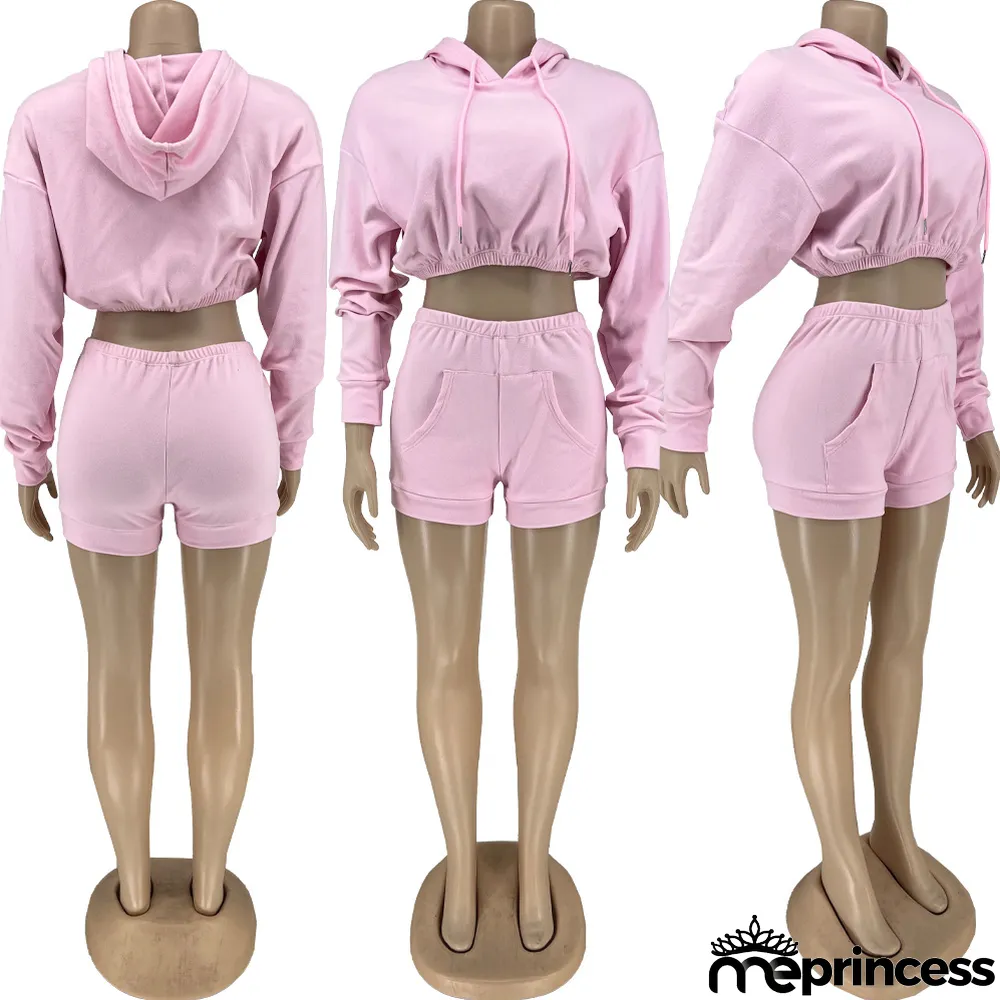 Solid Hooded Crop Top And Shorts 2 Piece Sets