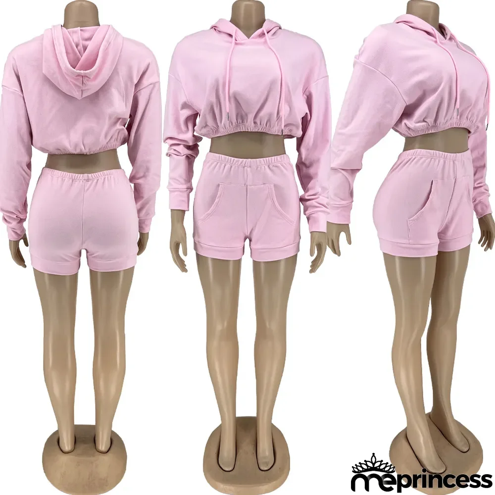 Solid Hooded Crop Top And Shorts 2 Piece Sets